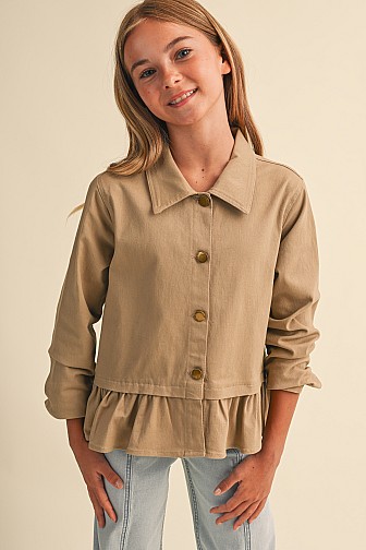RUFFLE HEM TWILL CROPPED FIELD JACKET